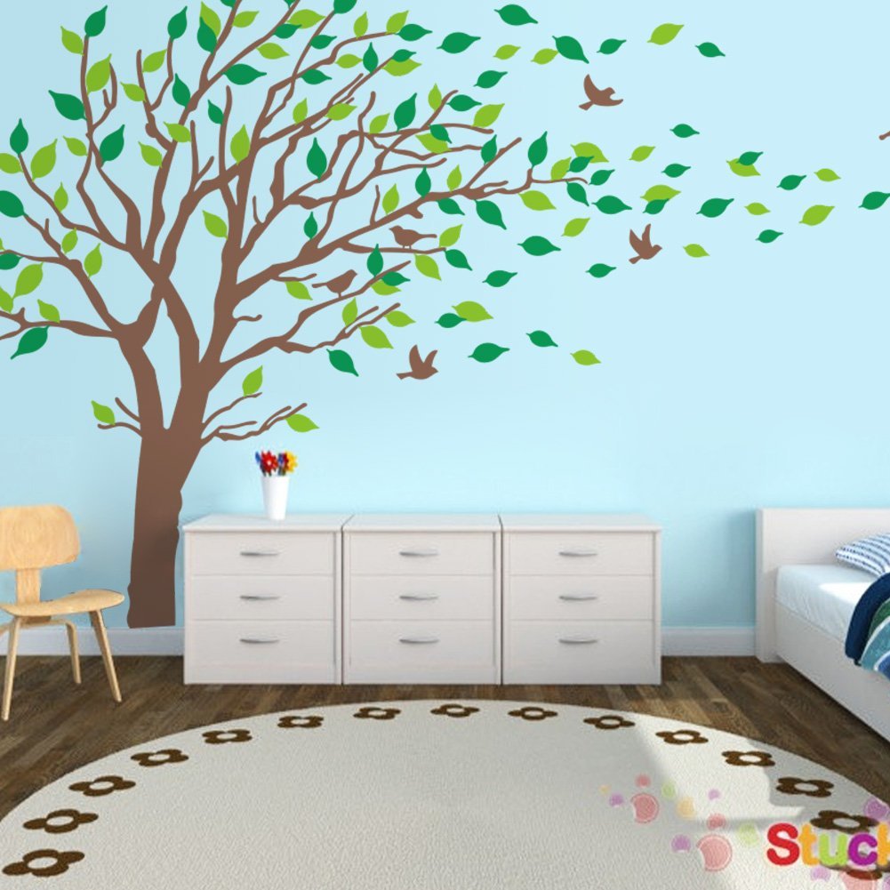 Large Brown And Green Tree Blowing In The Wind Tree - Bedroom Tree Wall Art , HD Wallpaper & Backgrounds