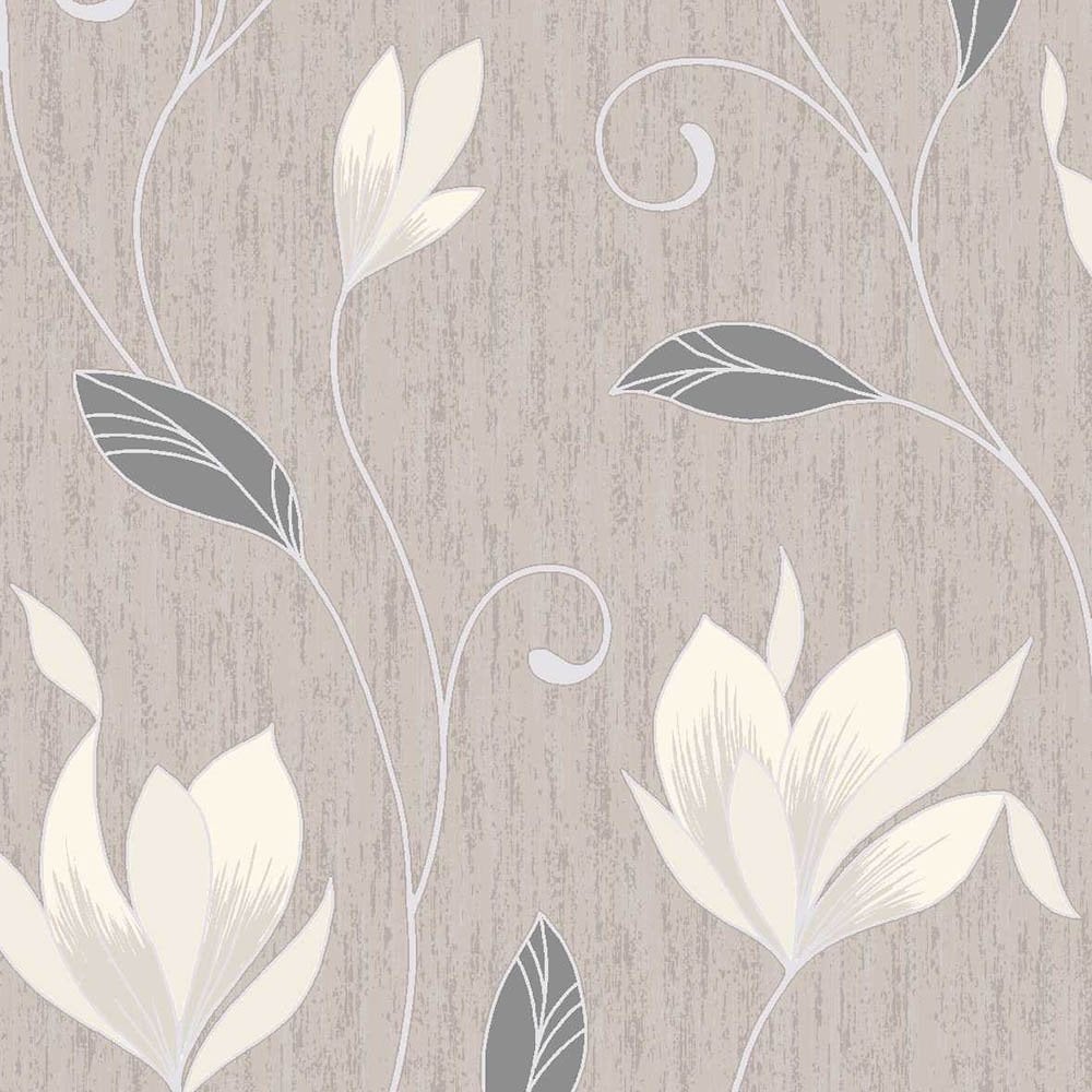 Synergy Glitter Floral Wallpaper Taupe Cream Silver - Grey And Cream Patterned , HD Wallpaper & Backgrounds