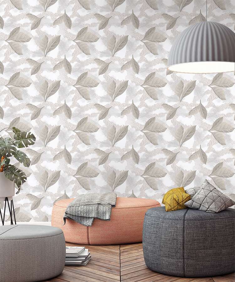 Leaf Pattern Wallpaper Mural Grey In Living Room - Wallpaper , HD Wallpaper & Backgrounds
