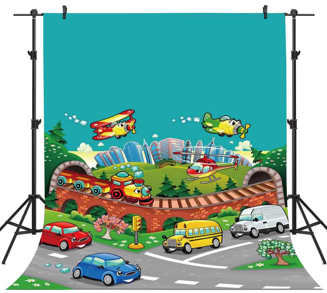 Phmojen 5x7ft Cartoon Backdrop Cute Airplanes Train - Background Car Birthday Theme , HD Wallpaper & Backgrounds