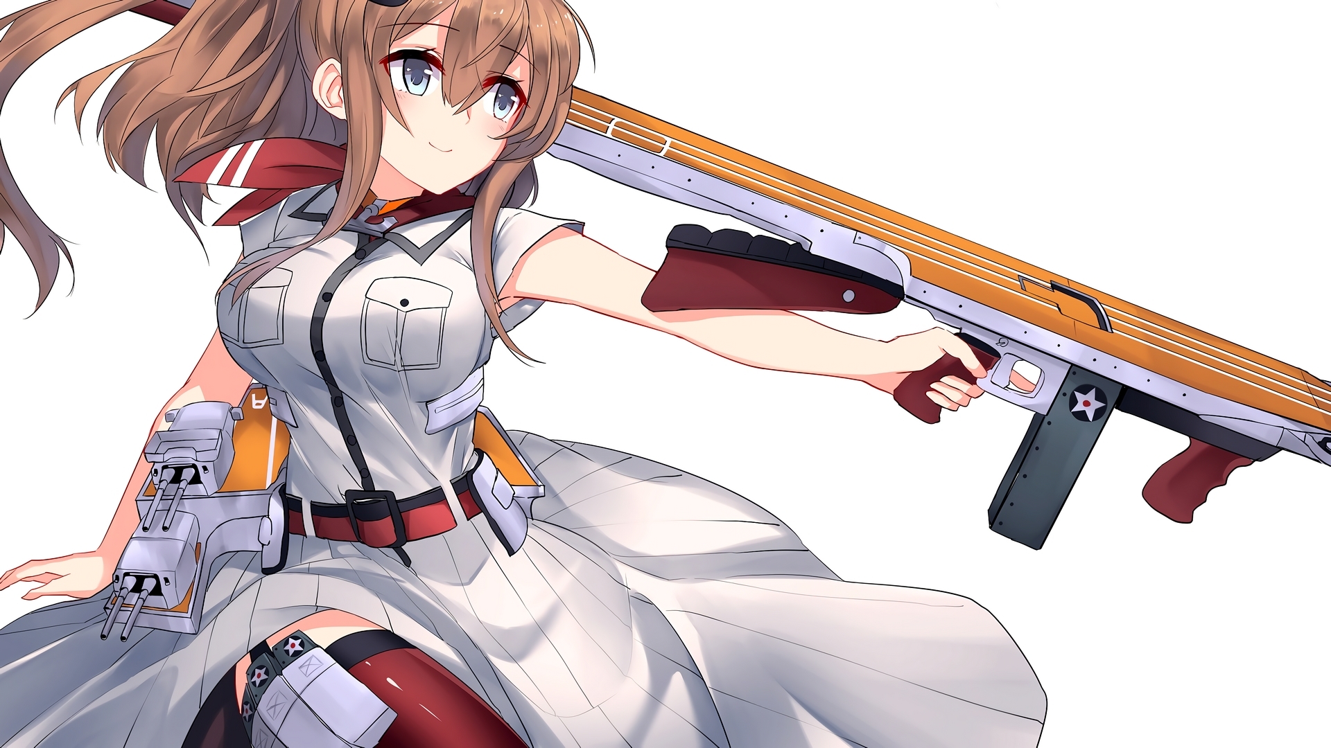 Wallpaper Anime Girl, Gun, Uniform, Smiling, Brown - Saratoga Kantai Collection , HD Wallpaper & Backgrounds