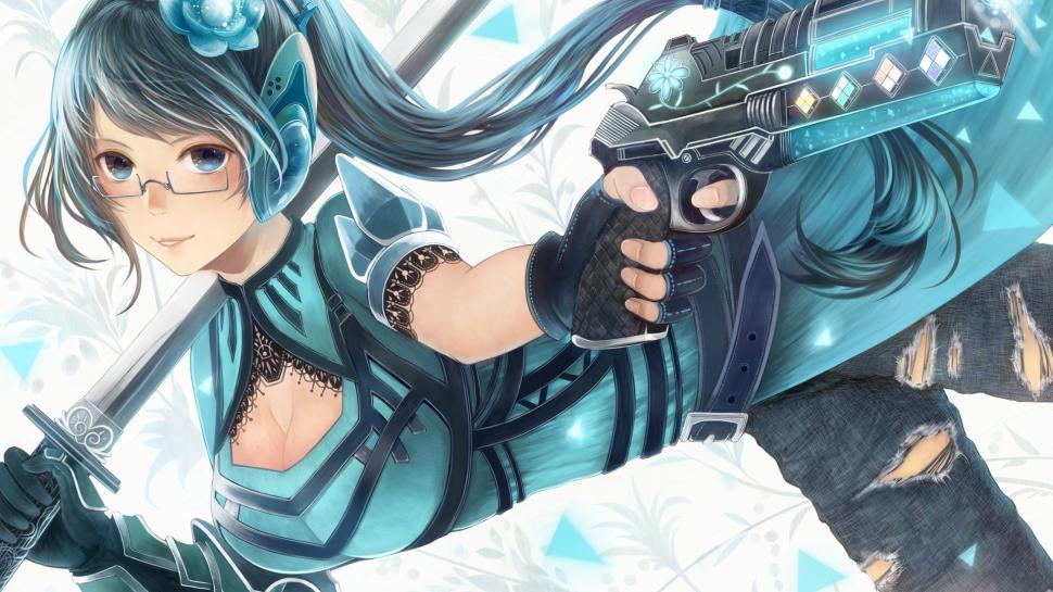 Anime, Glasses, Guns, Anime Girl, Sword Wallpaper - Anime Girl With A Gun , HD Wallpaper & Backgrounds