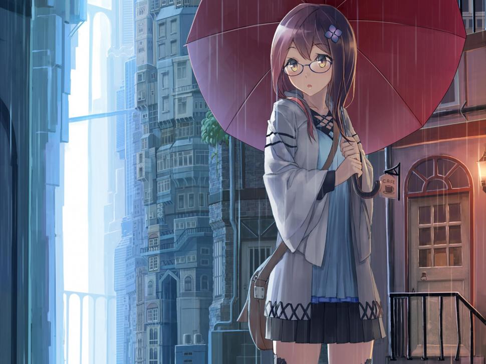 Anime Umbrella Rain Glasses Hd Wallpaper - Hd Anime Girl Glasses , HD Wallpaper & Backgrounds