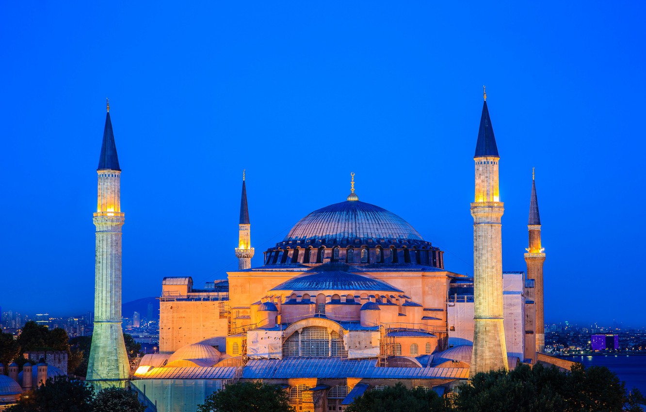 Photo Wallpaper Night, Lights, Istanbul, Turkey, Hagia - Dome , HD Wallpaper & Backgrounds