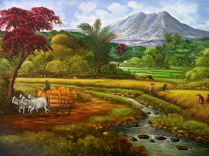 Lukisan Pemandangan Sawah Padi Di Waktu Senja - Gambar Pemandangan Sawah Lukisan , HD Wallpaper & Backgrounds