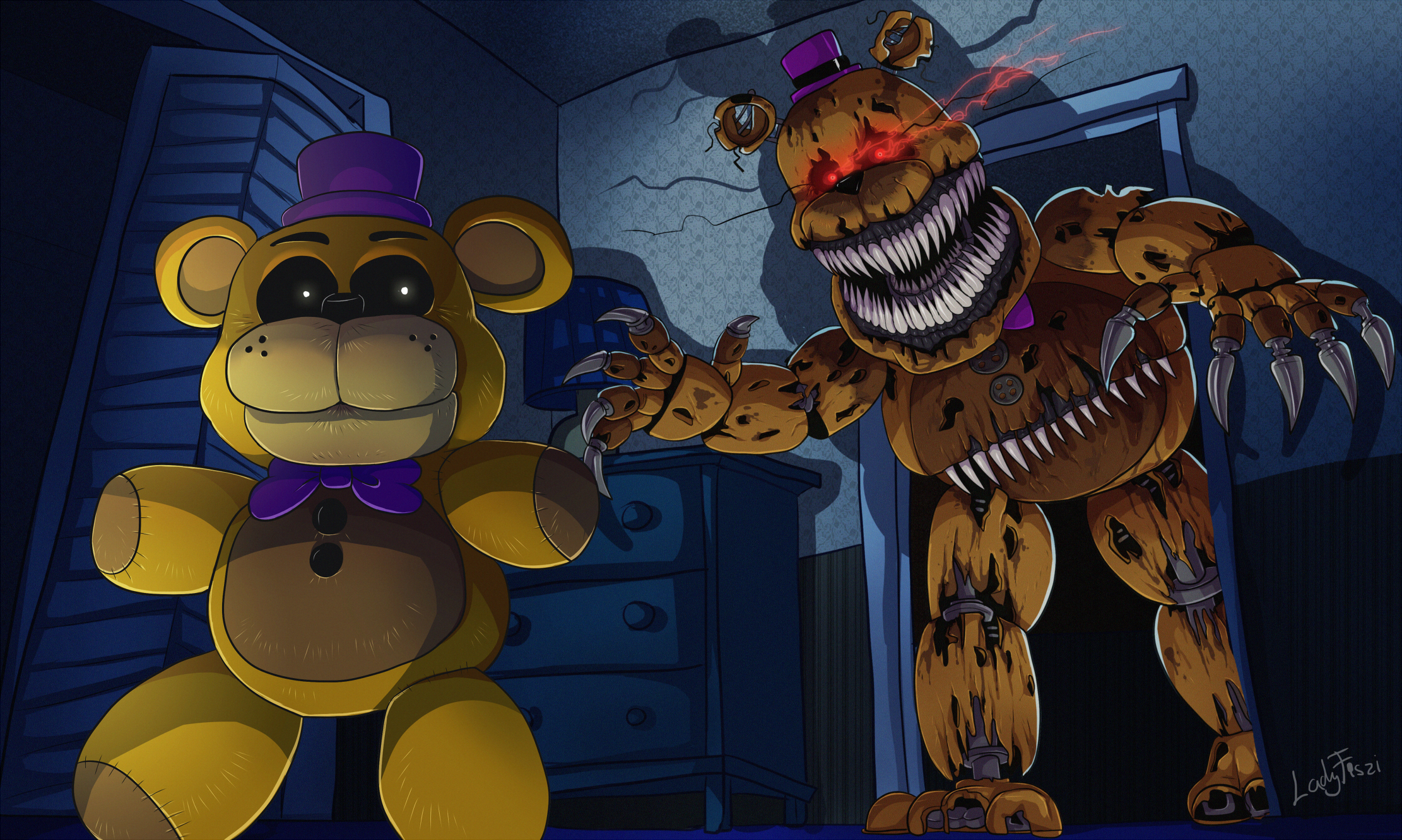 Nightmare Golden Freddy Wallpaper And Background - Nightmare Fredbear Fan Art , HD Wallpaper & Backgrounds