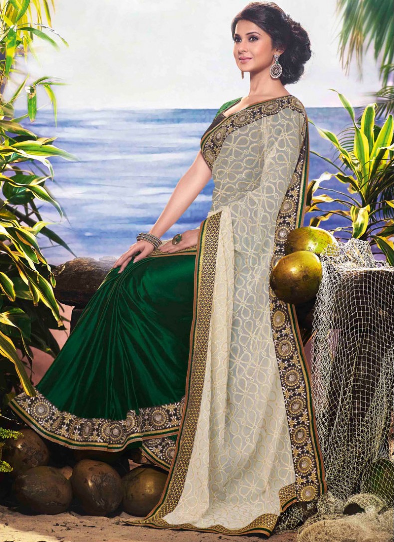 Jennifer Winget Enticing Cream And Green Reception - Jennifer Winget In Saree Hd , HD Wallpaper & Backgrounds