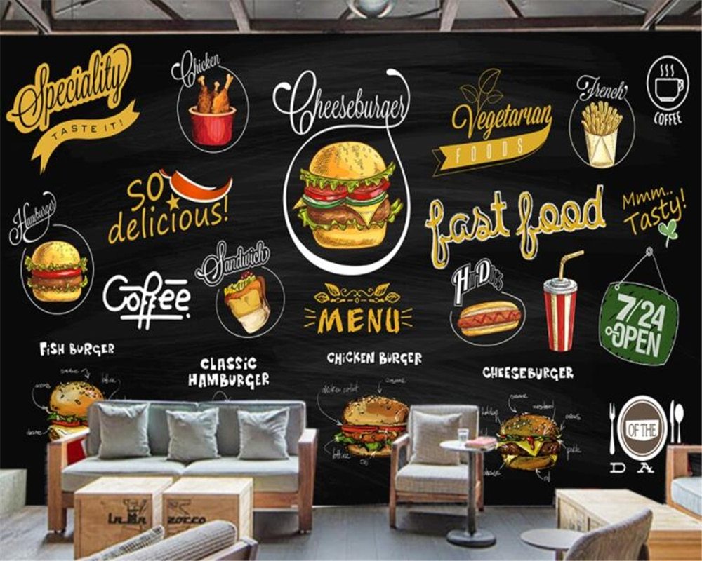 Beibehang Hd Hand-painted Blackboard Pizza Hamburger - Hamburguesas Dibujo Para Pizarras , HD Wallpaper & Backgrounds