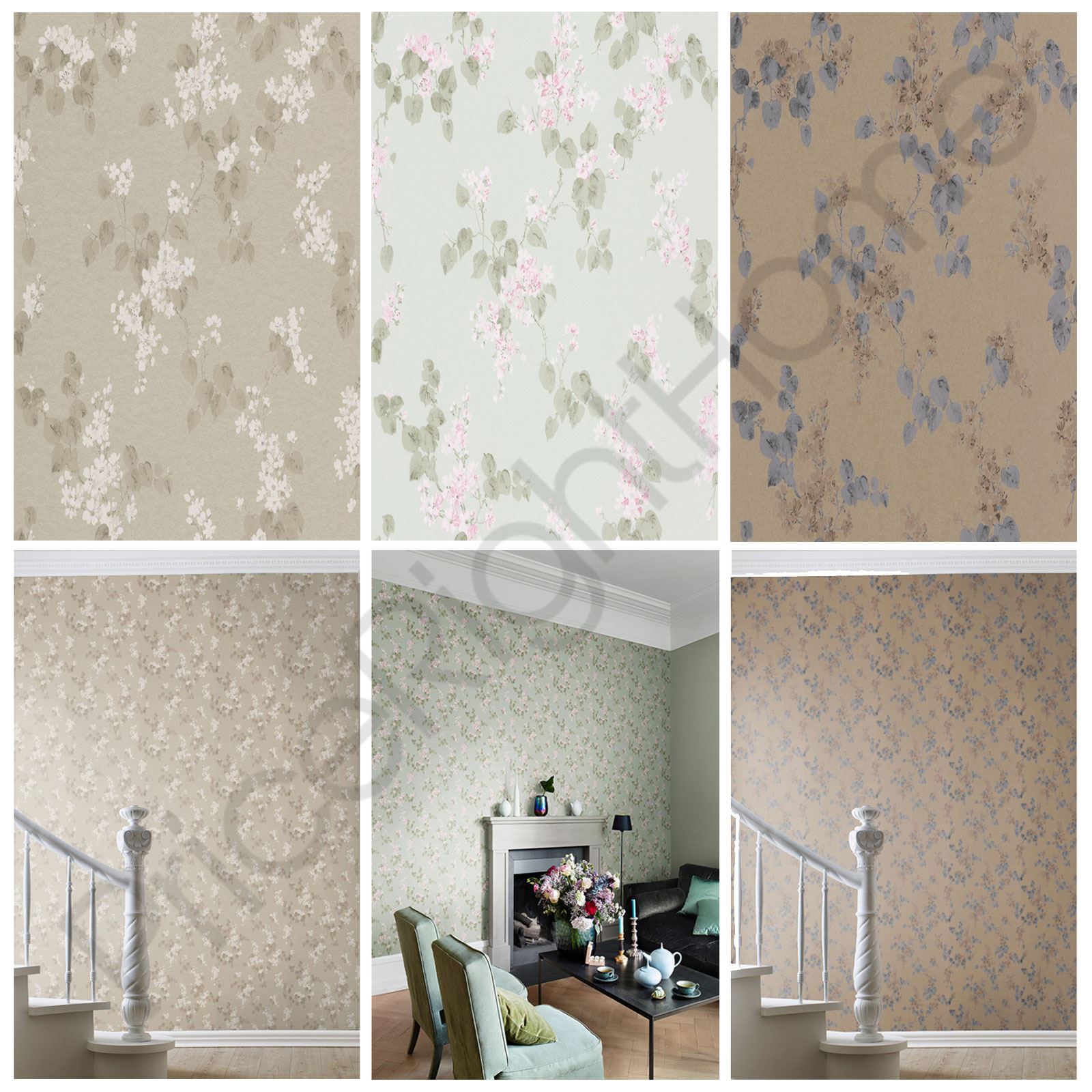 Rasch Emilia Blossom Floral Wallpaper Pale Gold Mint - Papier Peint Shabby Chic , HD Wallpaper & Backgrounds