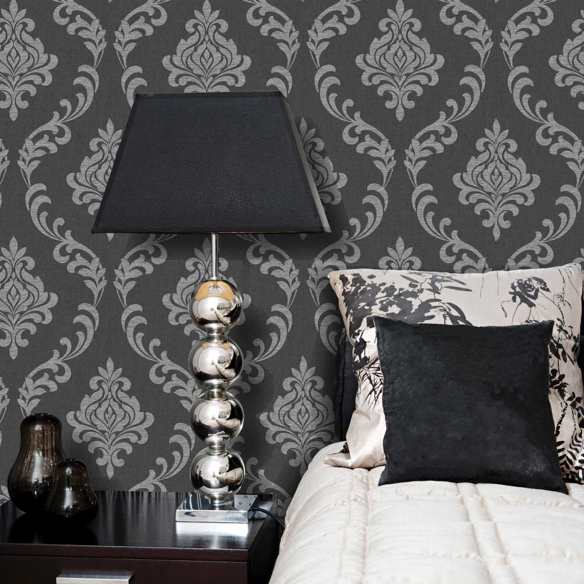 Wallpaper - Grey Damask Wallpaper In Bedroom , HD Wallpaper & Backgrounds