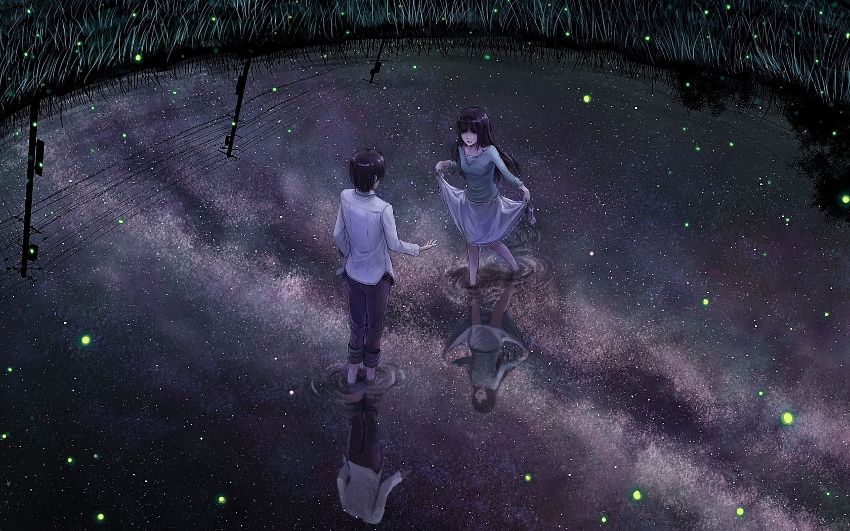 Wallpaper, Girl, Lake, Water, Night Widescreen - Anime Water At Night , HD Wallpaper & Backgrounds