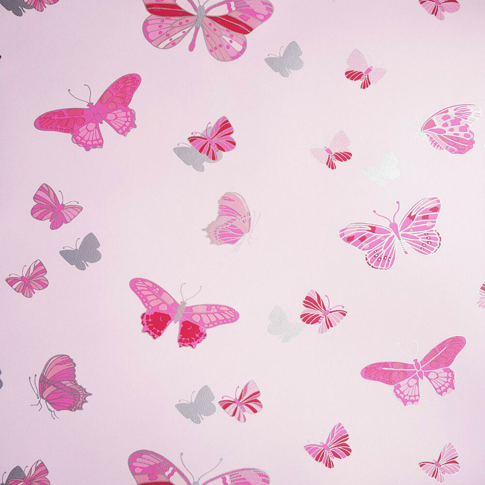 Details About Red Pink Silver Love Butterflies Wallpaper - Butterfly Wallpaper For Girls Room , HD Wallpaper & Backgrounds