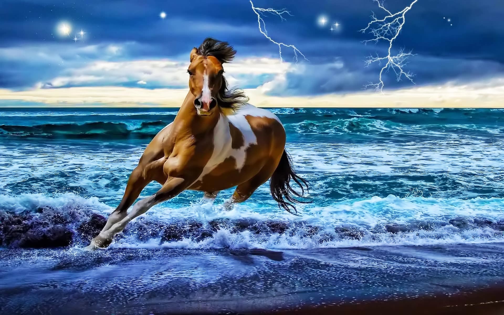Caballo Fantastico Entre Las Olas Del Mar Bajo Un Cielo - Beautiful Horse , HD Wallpaper & Backgrounds