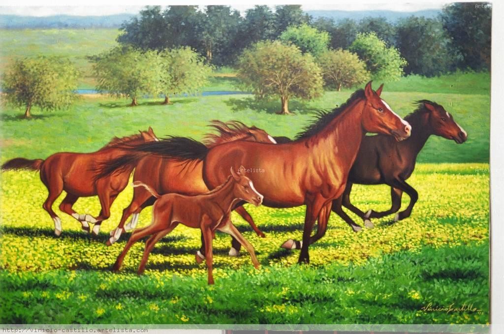 Caballos Castillo Animal Grass Run Art Horse Painting - Cuadros De Paisajes Con Caballos , HD Wallpaper & Backgrounds