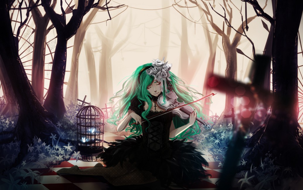 Girl Anime Forest Art Violin Cell - Violin Anime Miku , HD Wallpaper & Backgrounds