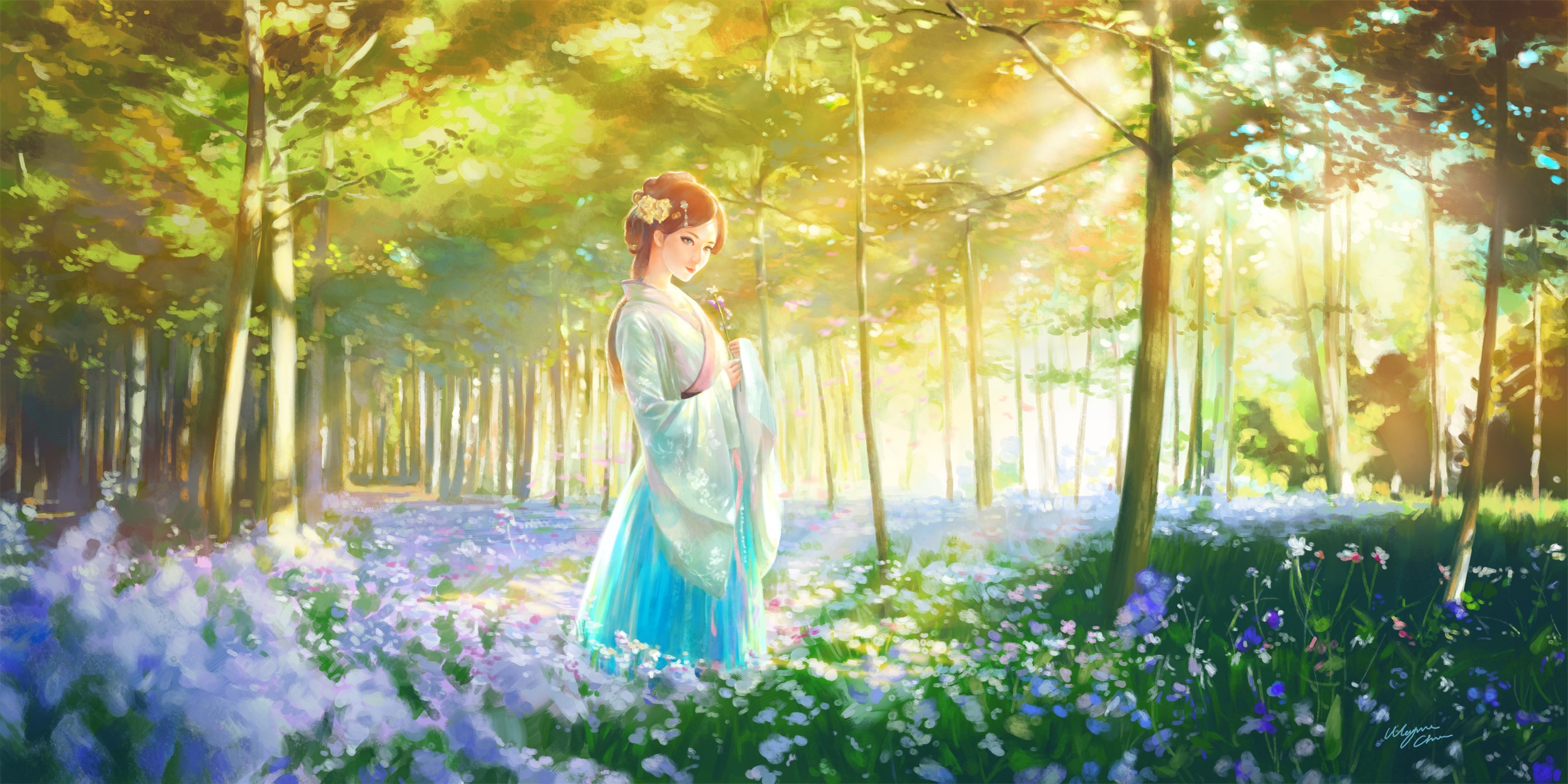 #flowers, #brunette, #forest, #trees, #anime Girls, - Flowers Forest , HD Wallpaper & Backgrounds