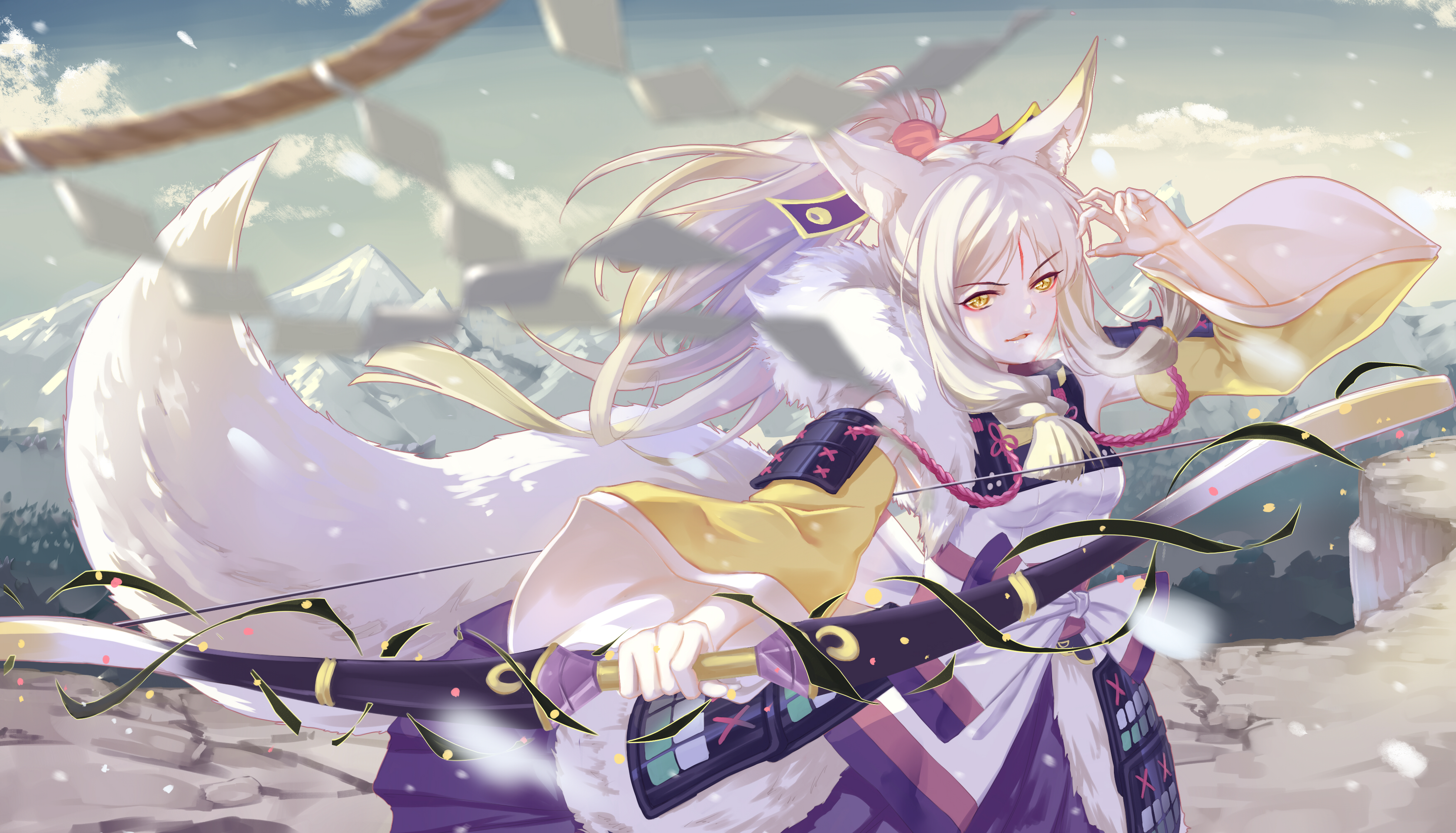 Hd Wallpaper - White Hair Kitsune Anime , HD Wallpaper & Backgrounds