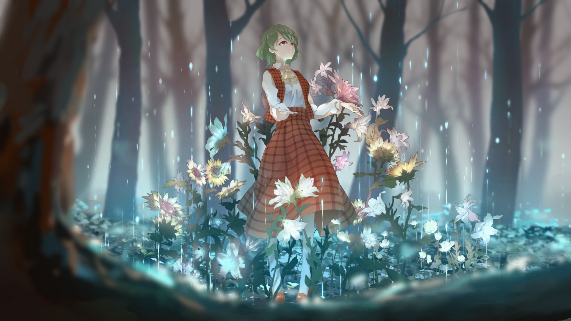 #green Hair, #long Hair, #anime, #rain, #sunflowers, - Anime Forest Background Winter , HD Wallpaper & Backgrounds