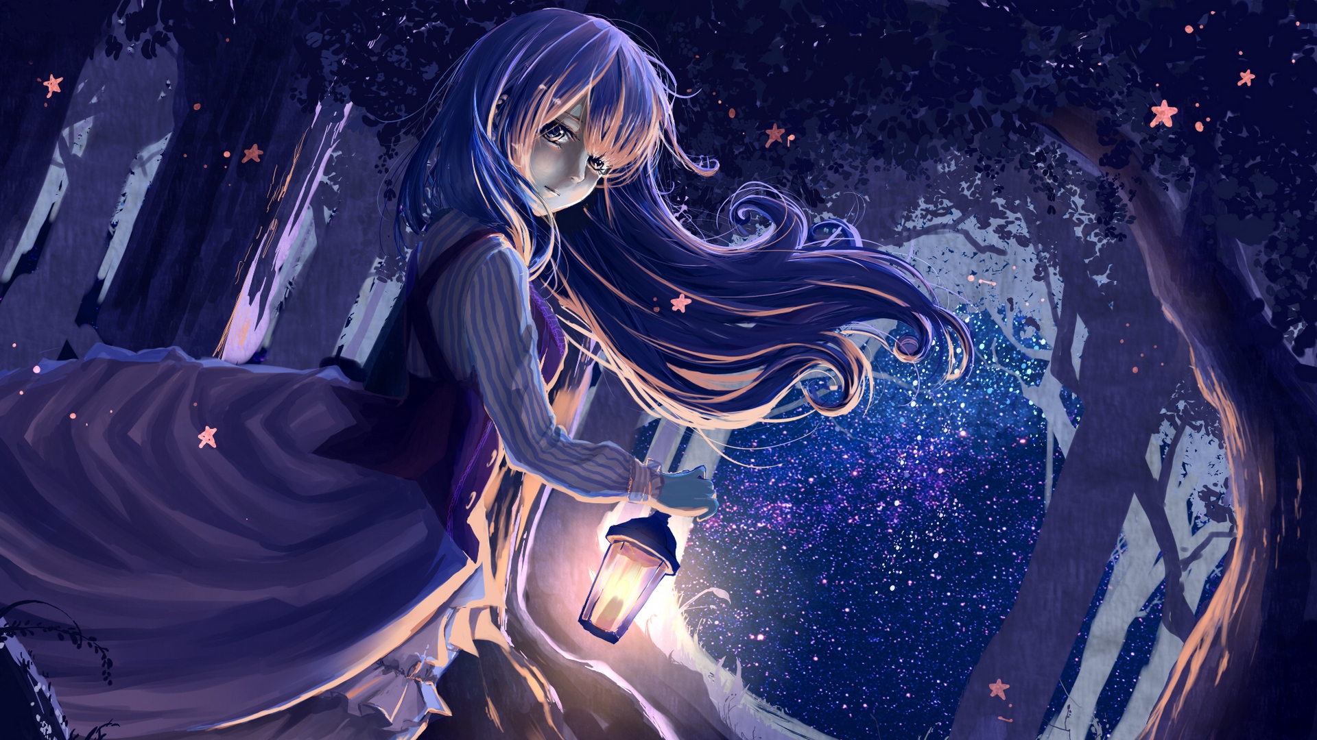 Wallpaper Girl, Anime, Lantern, Forest, Night - Nightcore Bring Me To Life , HD Wallpaper & Backgrounds