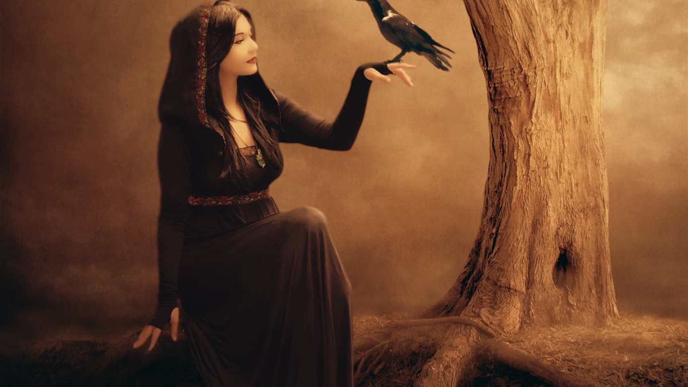 Wallpaper Beautiful Fantasy Girl, Raven, Tree, Witch, - Girl With Bird On Hand , HD Wallpaper & Backgrounds