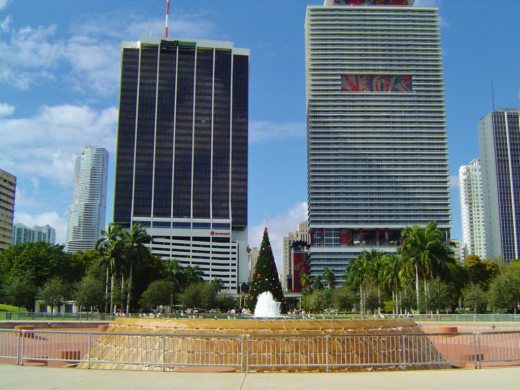 Arbol Navideño,fuente Y Edificios En El Bay Front Park - Miami , HD Wallpaper & Backgrounds