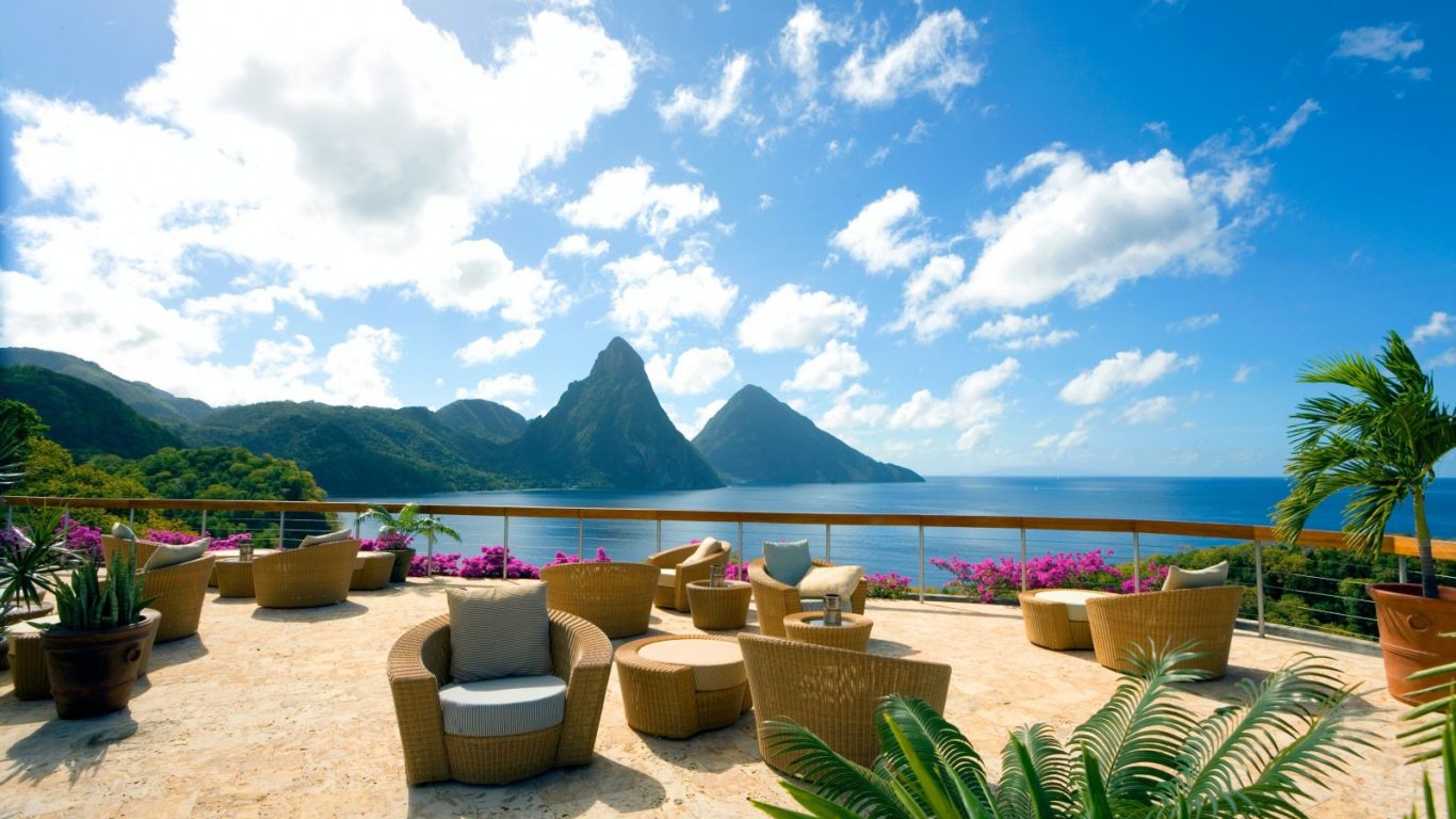 Beautiful View Blue Ocean Lagoon Mountains Caribbean - Jade Mountain , HD Wallpaper & Backgrounds
