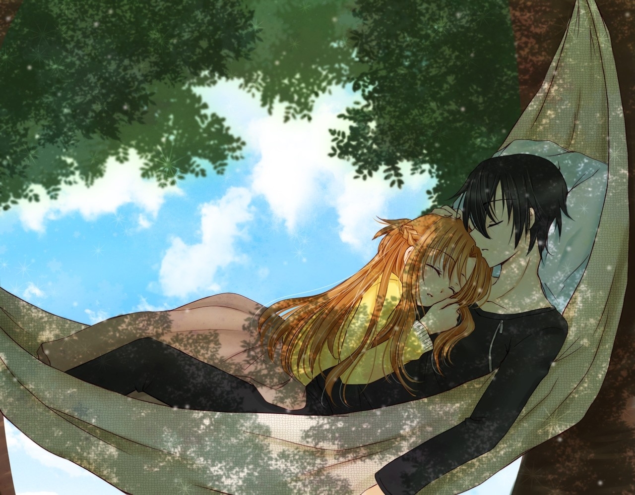 Brunettes Couple Anime Anime Boys Anime Girls Sword - Kirito And Asuna Sleeping , HD Wallpaper & Backgrounds