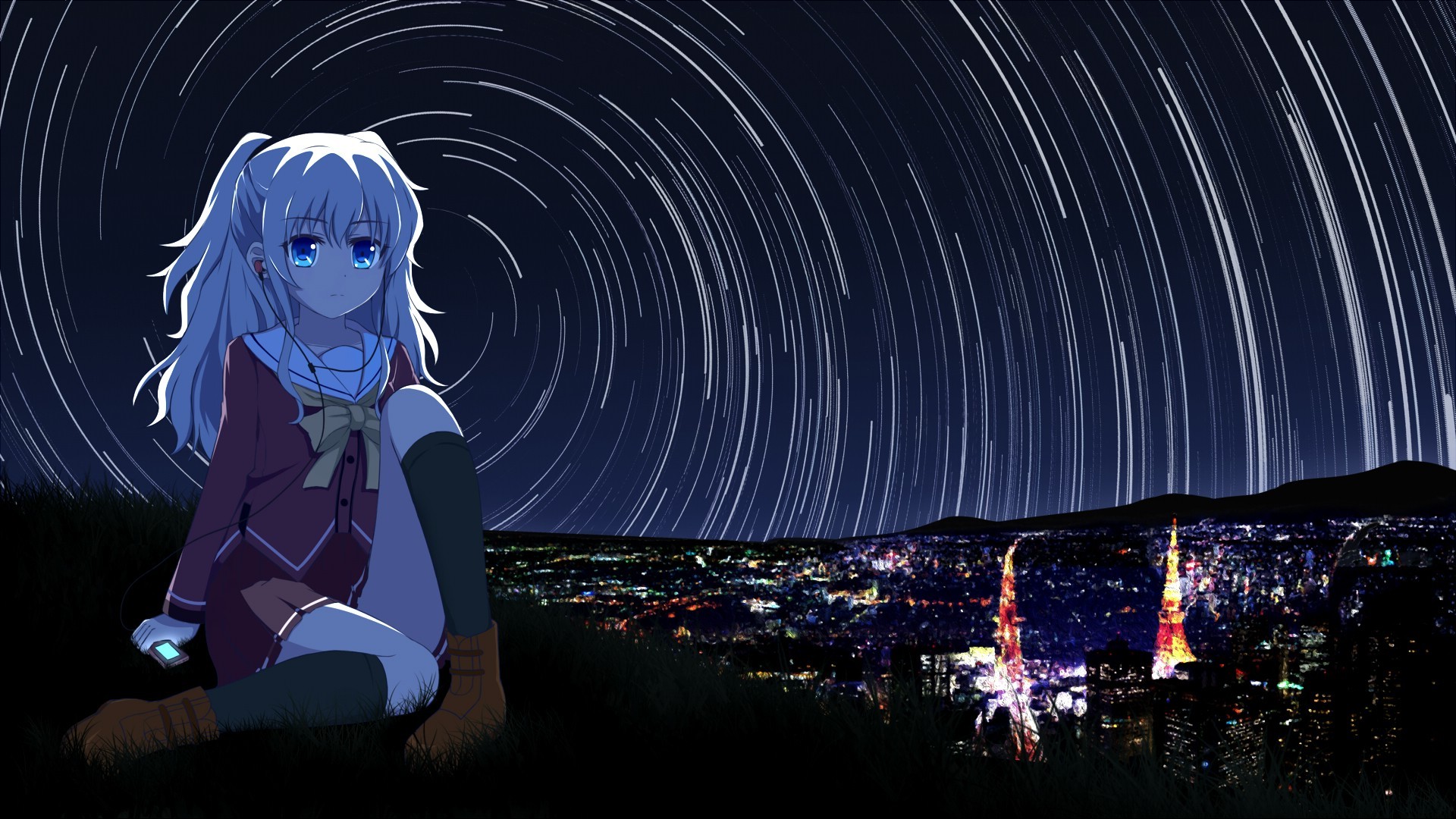 Anime Girls Anime Tomori Nao School Uniform White Hair - Night Sky Blue Anime , HD Wallpaper & Backgrounds