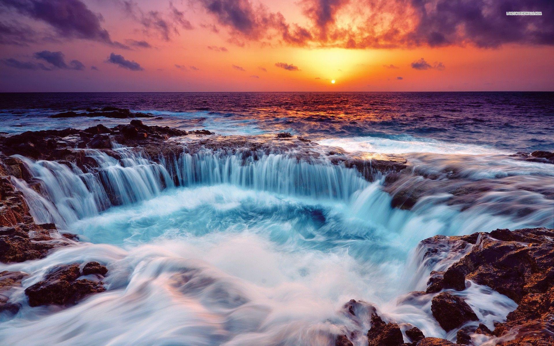 Wasserfall Wallpaper - Sunset Waterfall Ocean , HD Wallpaper & Backgrounds