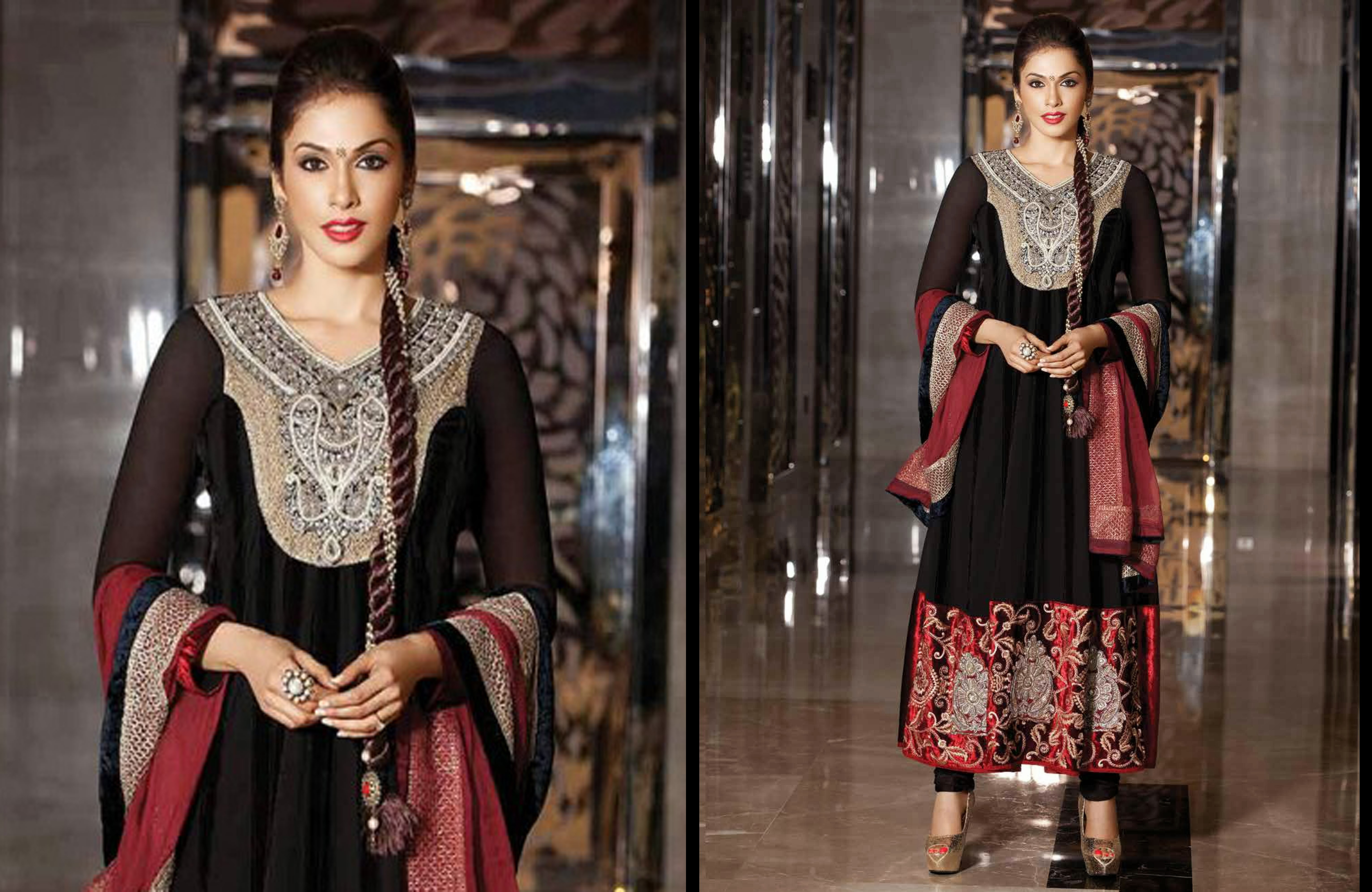 Black Faux Georgette Salwar Kameez - Punjabi Suit And Look With Paranda , HD Wallpaper & Backgrounds