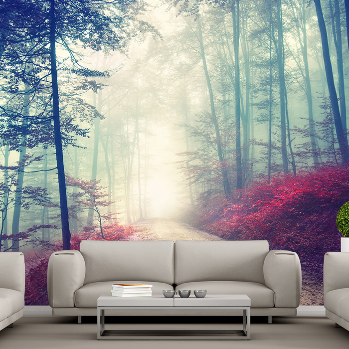 Tree Wallpaper Living Room Magical Red Road Wall Mural - Red Wallpaper Living Room , HD Wallpaper & Backgrounds