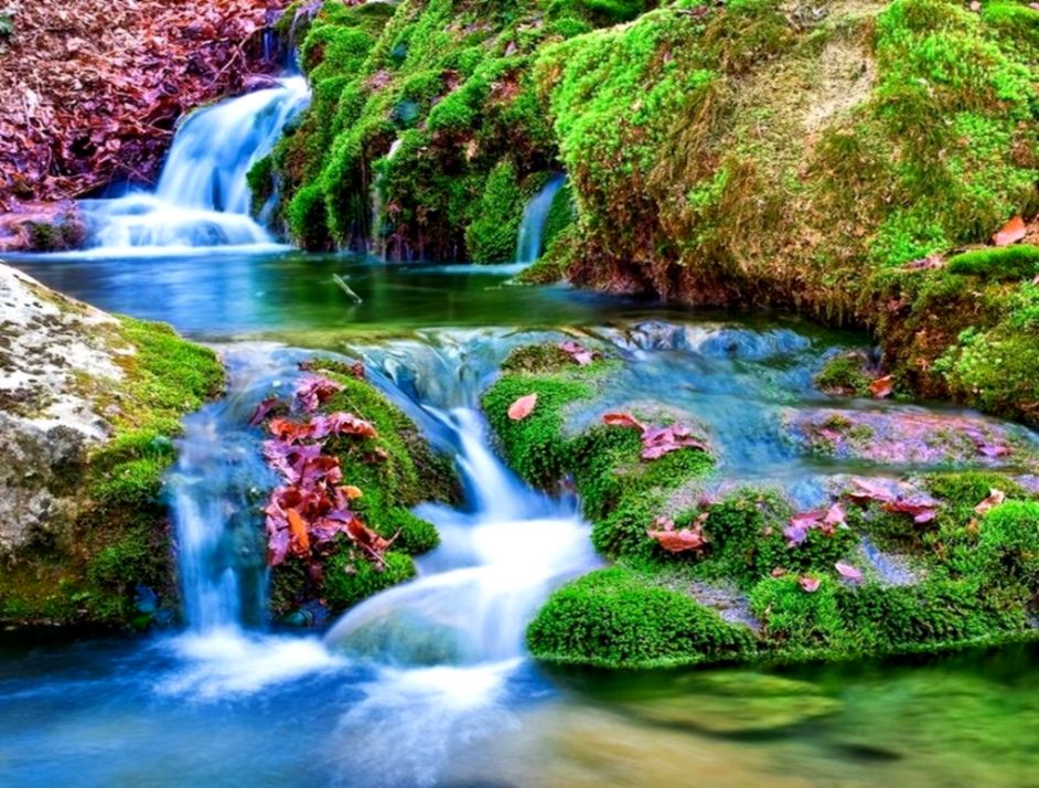 Waterfall Cascade Nature Colorful Fields Lovely Peaceful - Waterfalls In The Spring , HD Wallpaper & Backgrounds