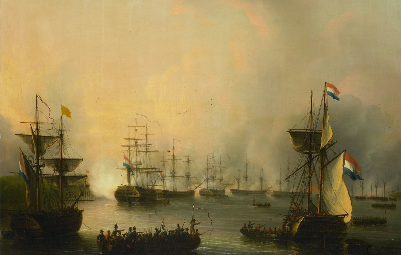 Photo Wallpaper Sea, Ship, Oil, Picture, Sail, Canvas, - De Beschieting Van Palembang, Sumatra, 24 Juni 1821 , HD Wallpaper & Backgrounds