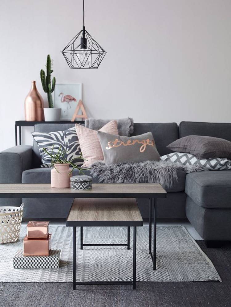 Memadukan Warna Peach Dan Abu-abu - Rose Gold And Black Living Room , HD Wallpaper & Backgrounds
