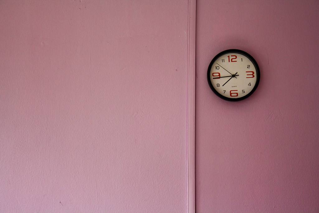 A Clock On Purple Wall Colour Tags - Clock On The Wall , HD Wallpaper & Backgrounds