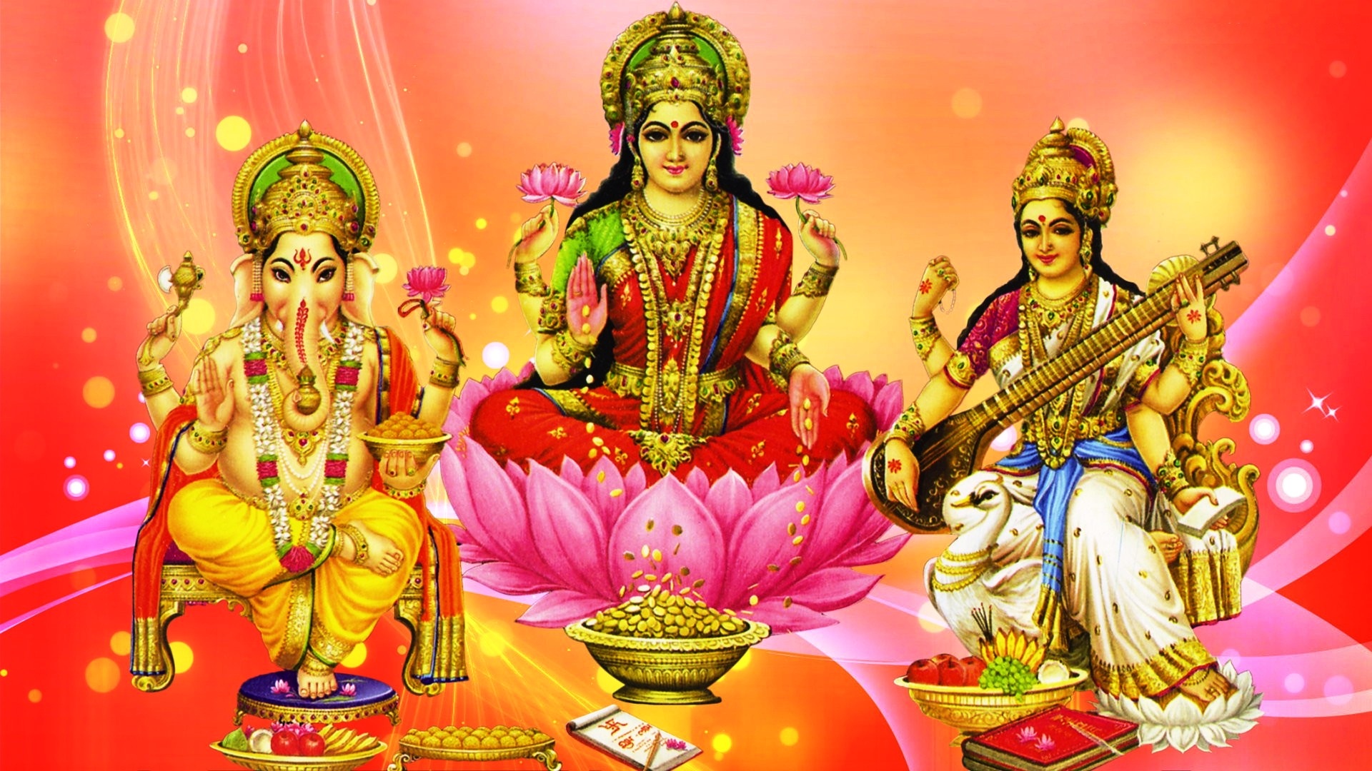 Ganesh Lakshmi And Saraswati Hd Wallpaper For Pc Tablet - Ganesh Lakshmi Saraswati Photo Hd , HD Wallpaper & Backgrounds