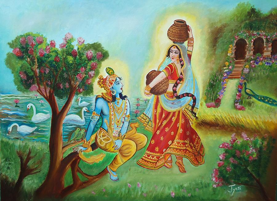 Divine Love Of Radha And Lord Krishna Luring The Beauty - Painting Beautiful Divine Love Radha Krishna , HD Wallpaper & Backgrounds