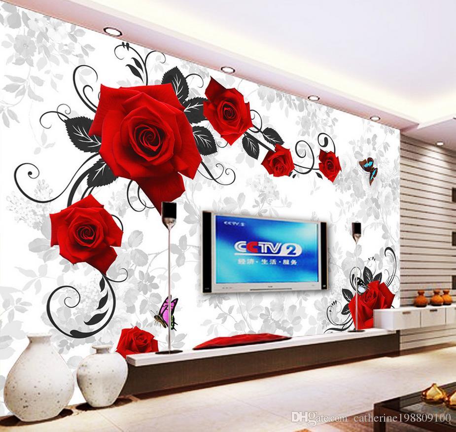 Custom Any Size Red Rose Tv Wall Decorative Painting - Dinding Motif Bunga Tulip , HD Wallpaper & Backgrounds