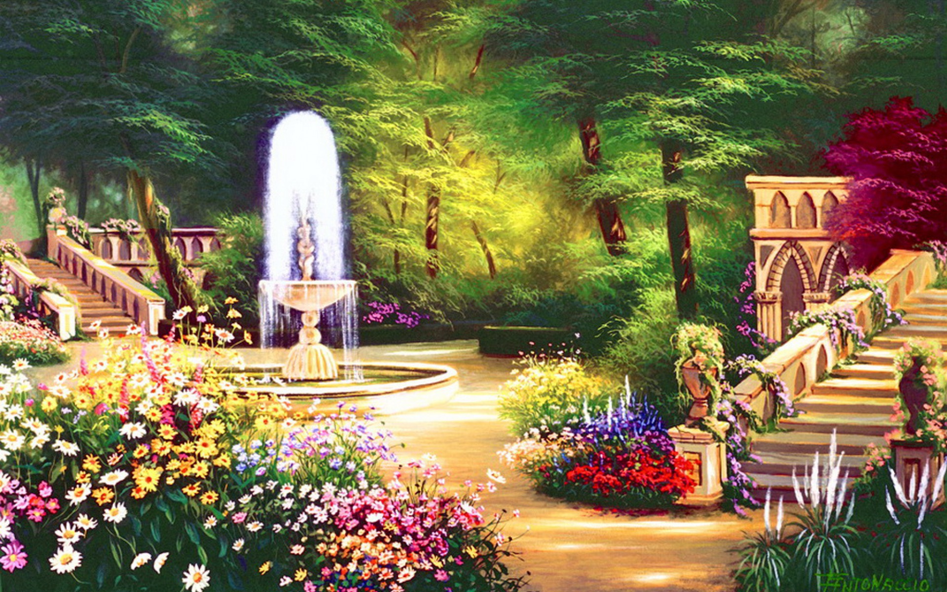 Tumblr Next - Fountain With Flowers Scenery , HD Wallpaper & Backgrounds