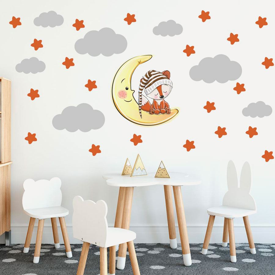 Tilki Dünyası Uyuyan Tilki , Turuncu Yıldızlar Gri - Çoçuk Odası Duvar Stikerları , HD Wallpaper & Backgrounds