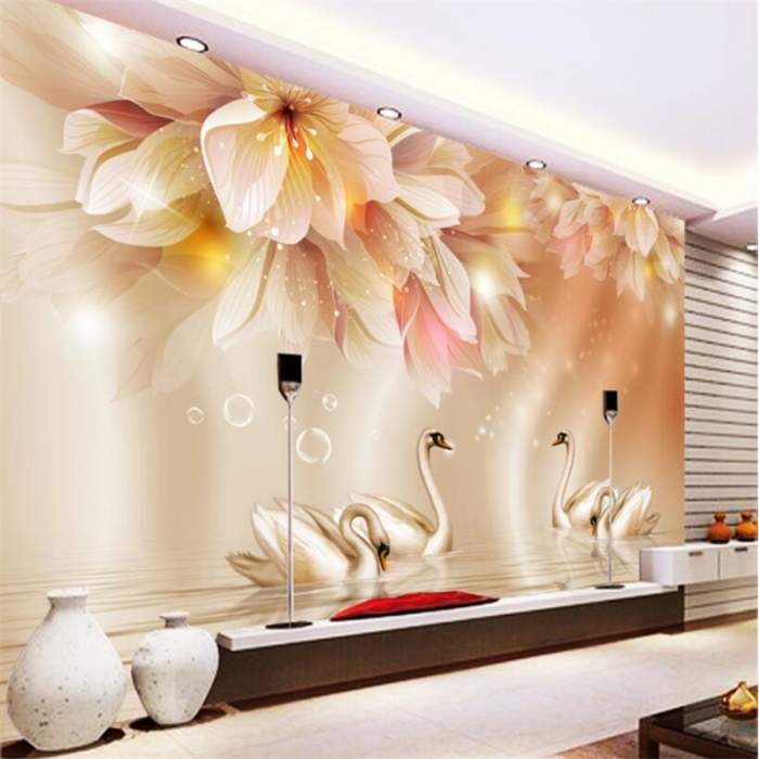 3d Floor Painting 3d Wallpaper Waterfall Lotus Wallpaper - Living Room Background , HD Wallpaper & Backgrounds
