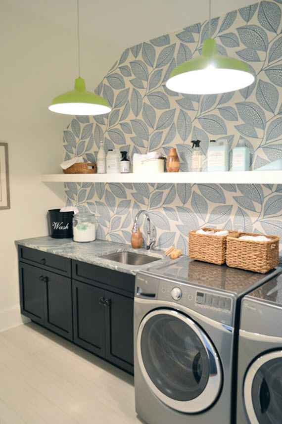 Laundry Room With Blue And White Wallpaper - Miss Print Pebble Leaf , HD Wallpaper & Backgrounds