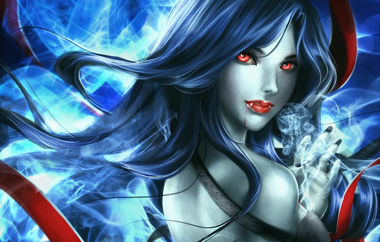 Photo Wallpaper Girl, Magic, Smoke, Art, Tape, Fangs, - Blue Hair Vampire Anime , HD Wallpaper & Backgrounds