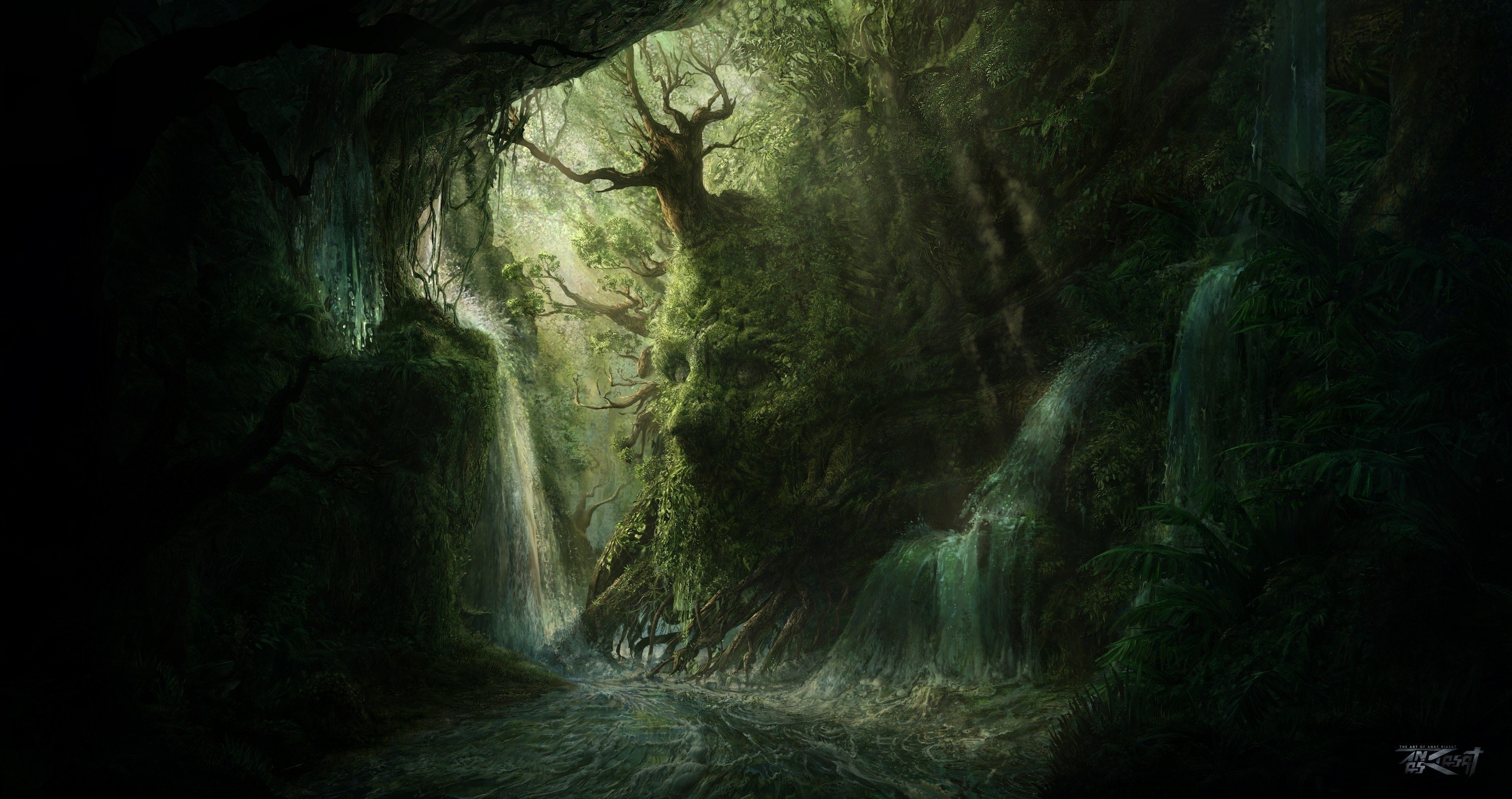 Fantasy Forest Landscape Wallpaper - Dark Forest River Art , HD Wallpaper & Backgrounds