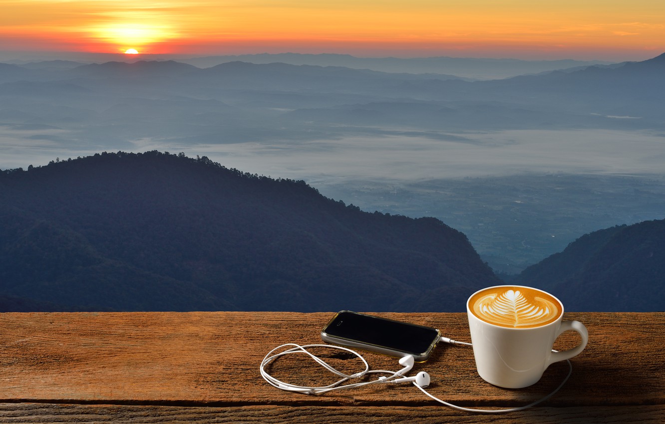 Photo Wallpaper Dawn, Coffee, Morning, Cup, Hot, Coffee - Рассвет И Чашка Кофе , HD Wallpaper & Backgrounds