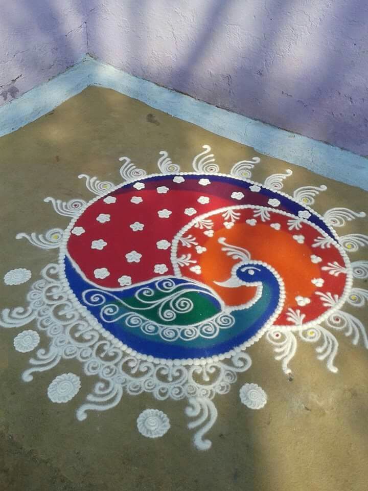 Peacock Rangoli More Sanskar Bharti - Rangoli Designs 2018 Sanskar Bharti , HD Wallpaper & Backgrounds