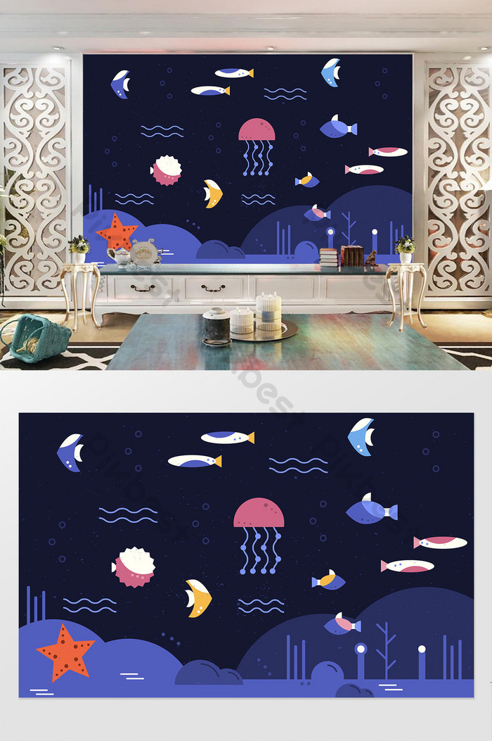 Dunia Bawah Laut Biru Gelap Kamar Anak-anak Kartun - Wall , HD Wallpaper & Backgrounds