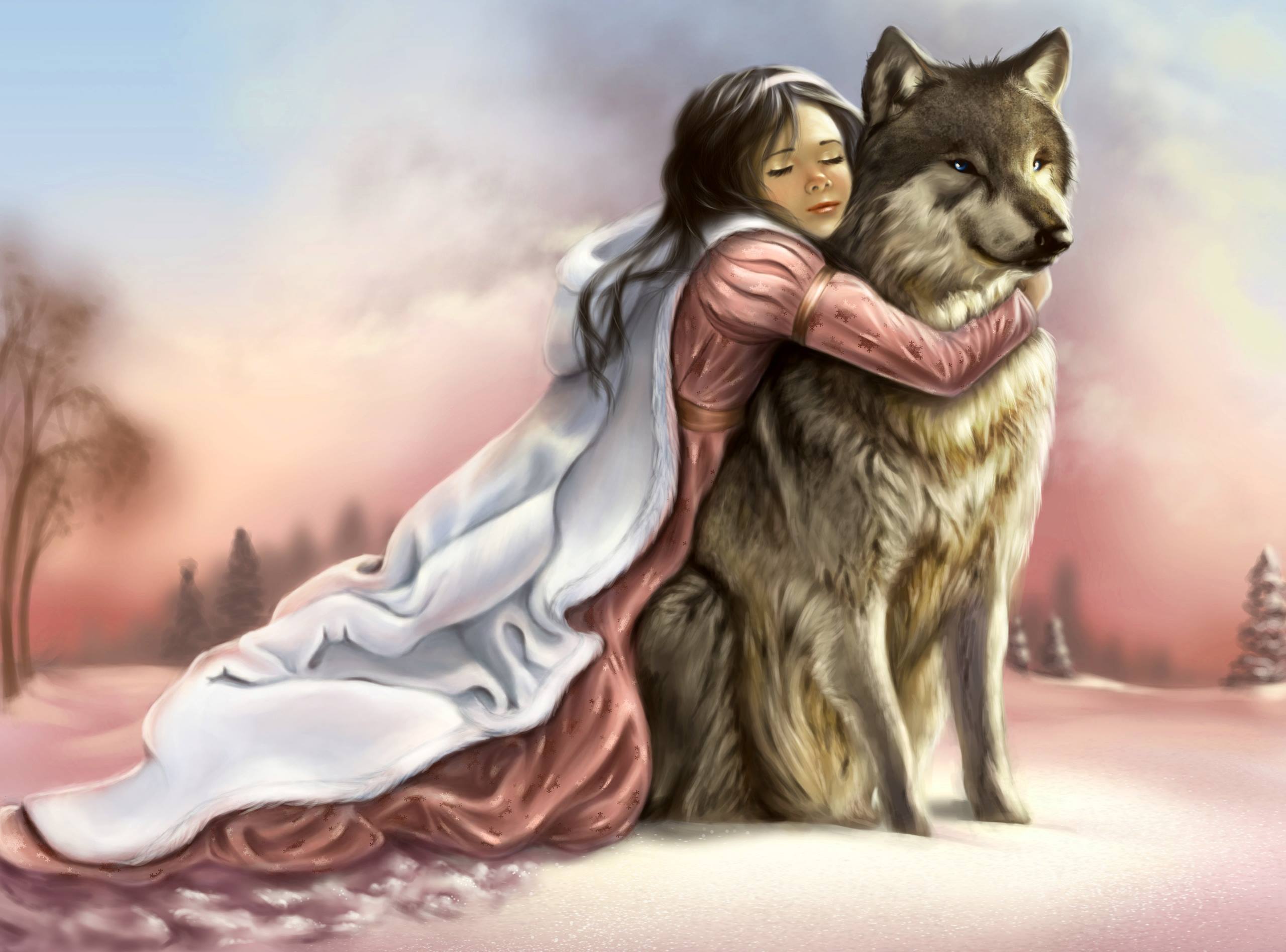 Painting Of Beautiful Girl And Wolf Wallpaper - Wolf With Beautiful Girl , HD Wallpaper & Backgrounds