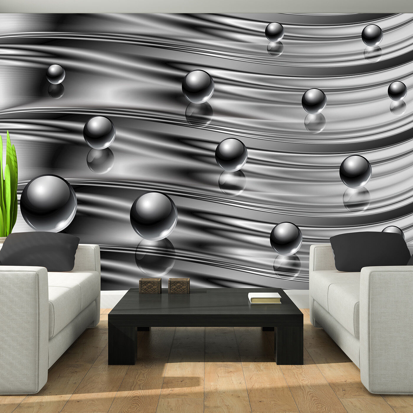 Vlies Wandbild Fototapete Modernität Grey Kugeln Welle - Window Effect , HD Wallpaper & Backgrounds