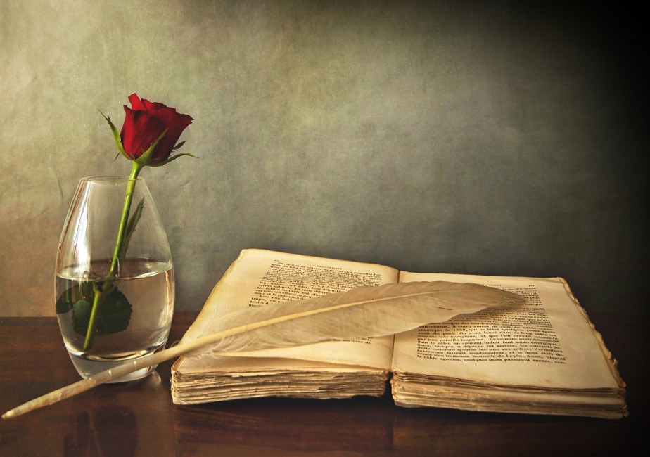 Book Old Pen Table Vase Rose Red - Old Books , HD Wallpaper & Backgrounds